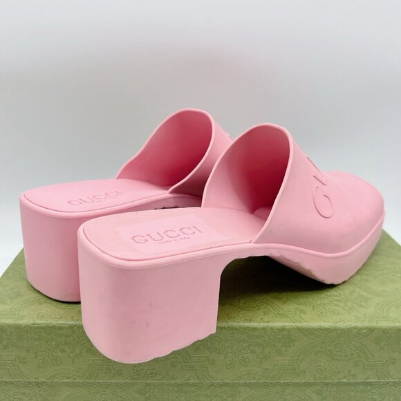 Gucci Logo Rubber Platform Heel Clogs Mules Slip On 725899 Pink Wms EU 39 US 9 - Picture 8 of 14
